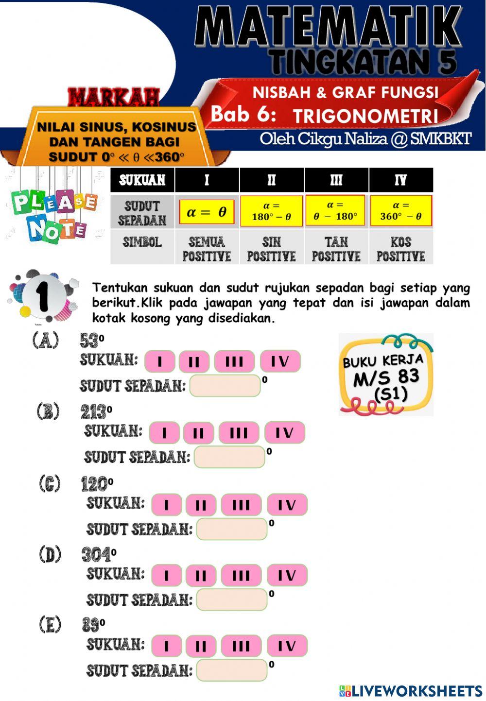Menentukan nilai sin, kos dan tan Menentukan nilai sin, kos dan tan