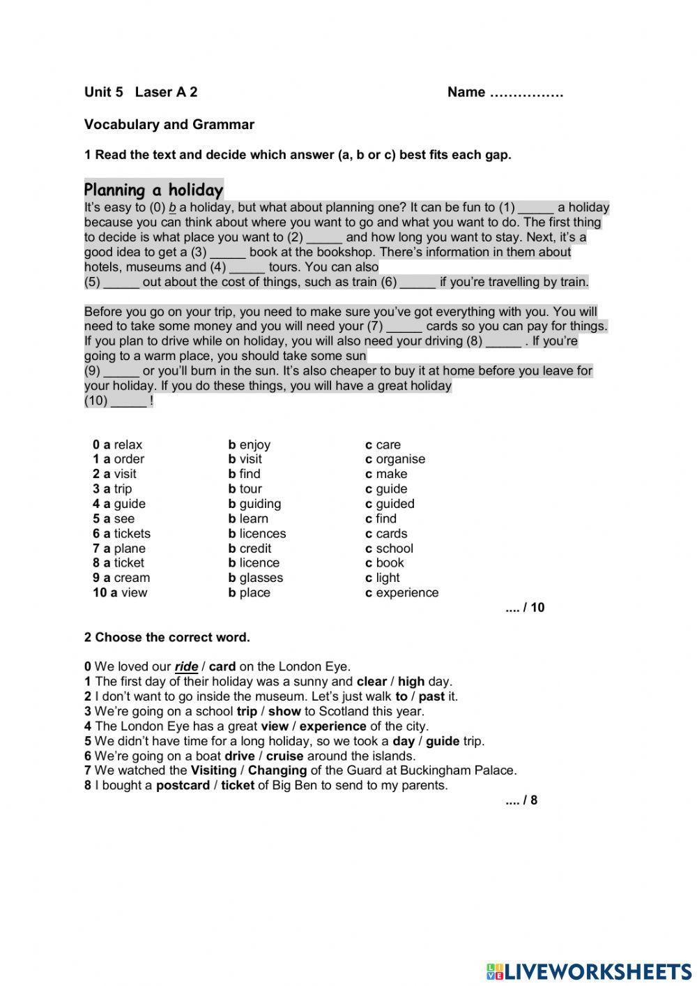 unit 5 vocabulary laser A2