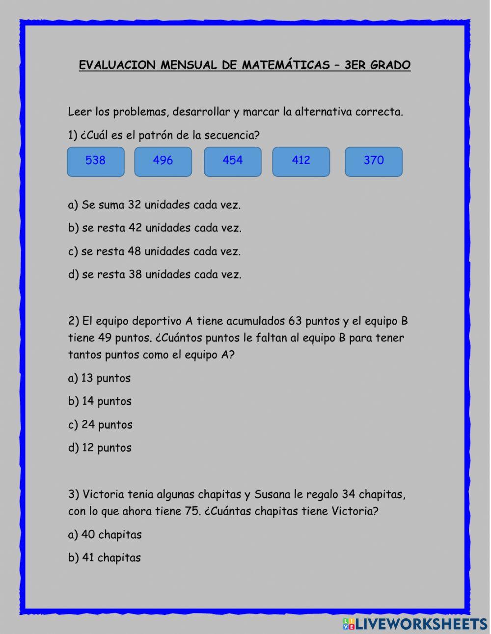 Evaluación mensual matemáticas