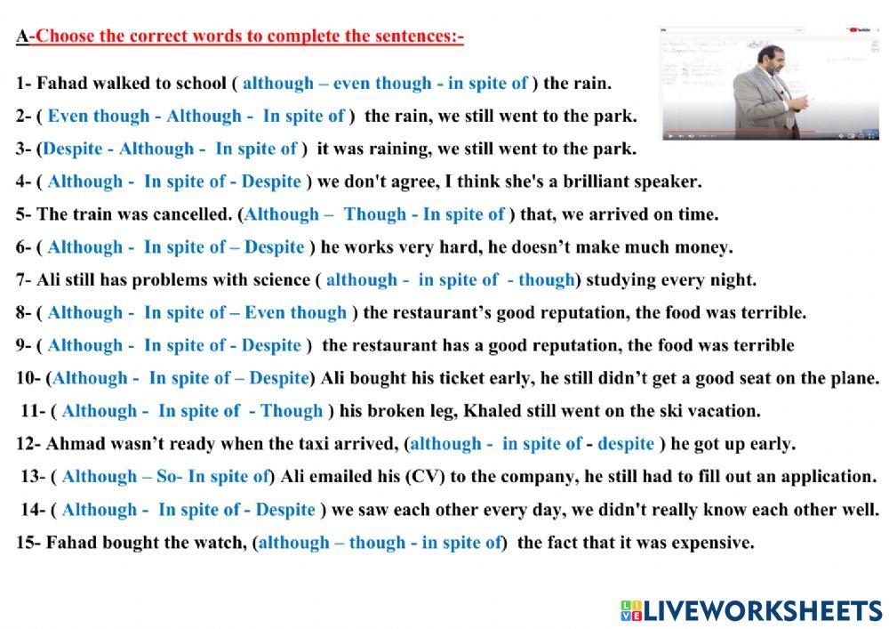 Conjunctions- Although& Though & Even though& Despite & In spite of