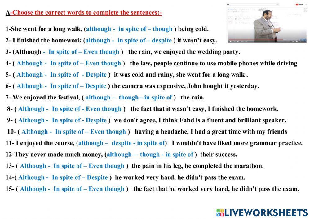 Conjunctions- Although& Though & Even though& Despite & In spite of -2