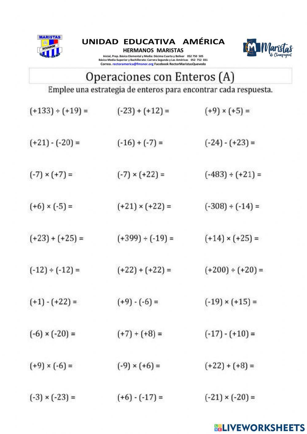 Miscelánea de operaciones de números enteros