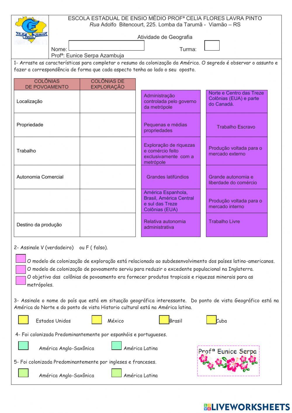 Exercício Processos de  Colonização