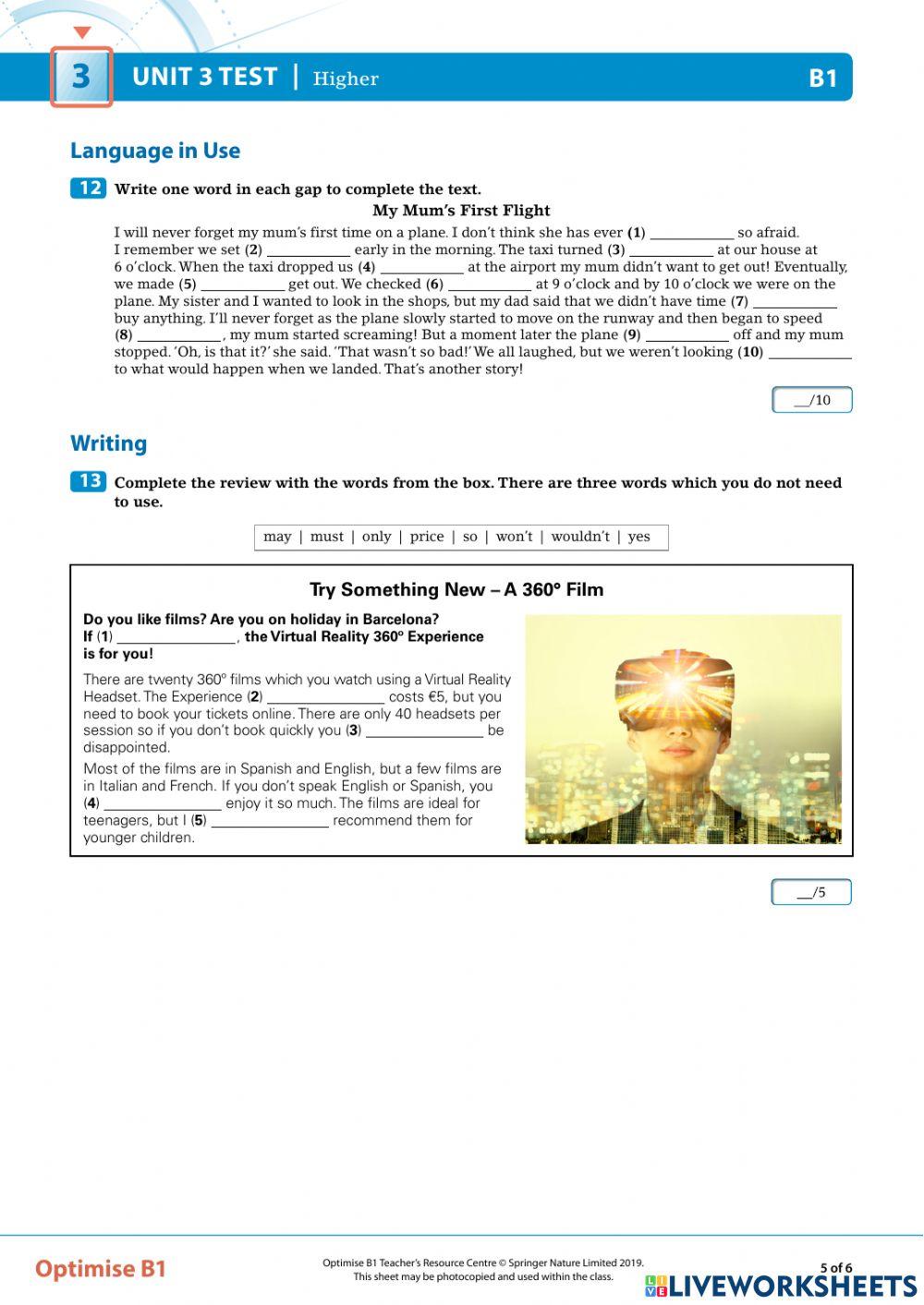 Optimise B1 - test Unit 3 online exercise for | Live Worksheets