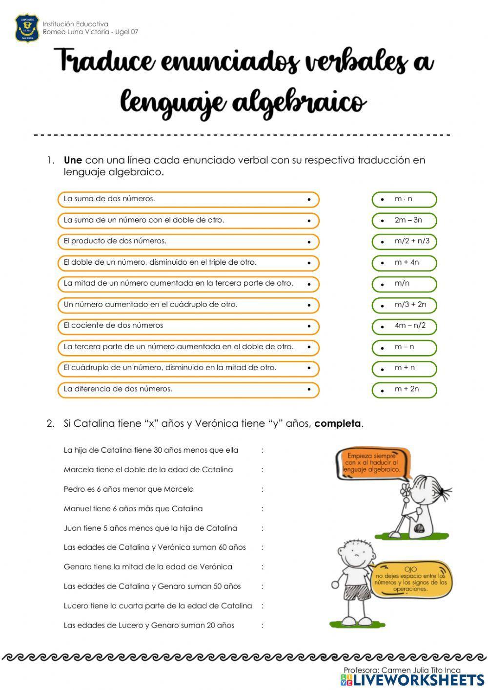 Traducción al lenguaje algebraico Traducción al lenguaje algebraico