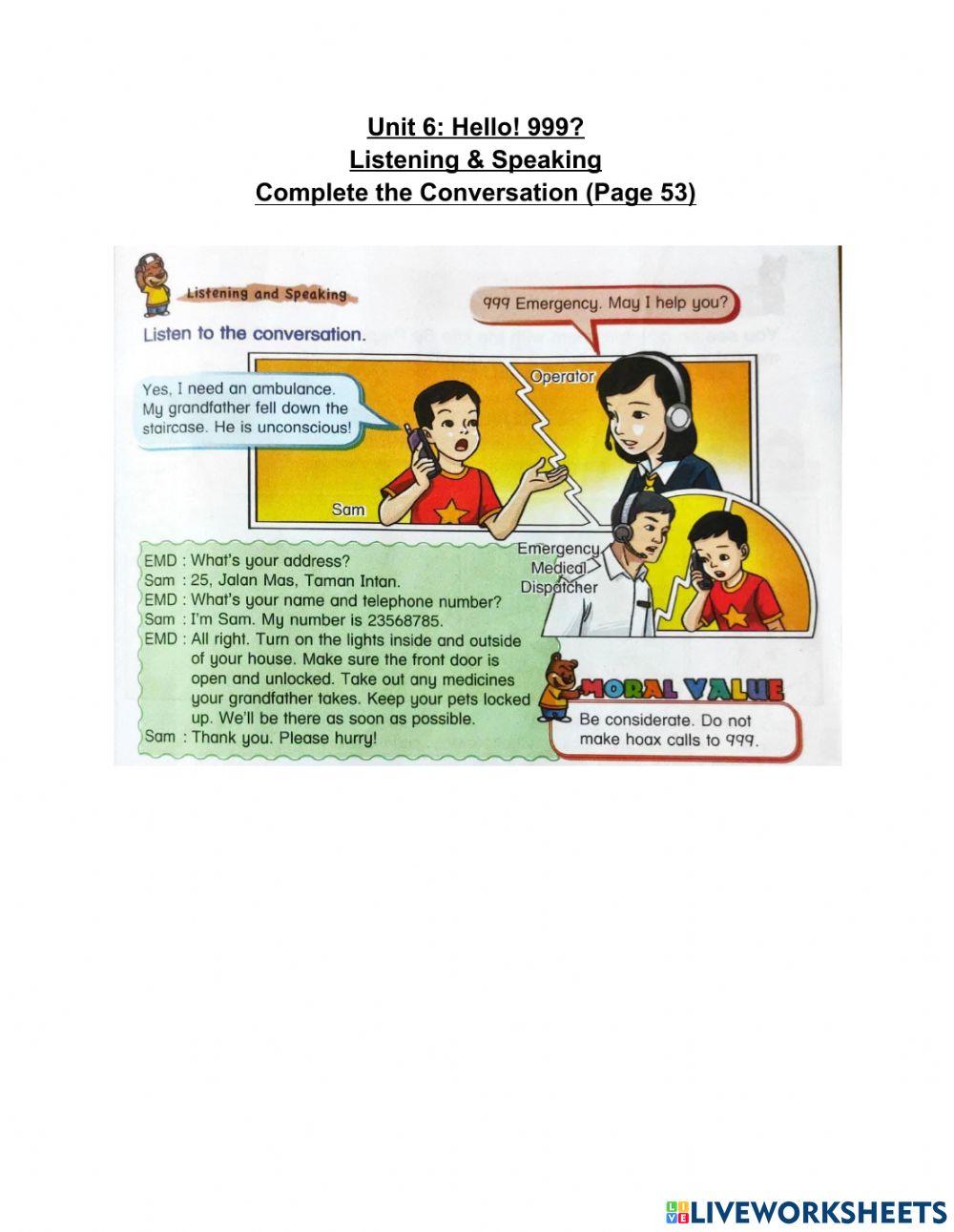 KSSR Year 6 English - Unit 6: Hello! 999? - Complete the Conversation (Page 53)