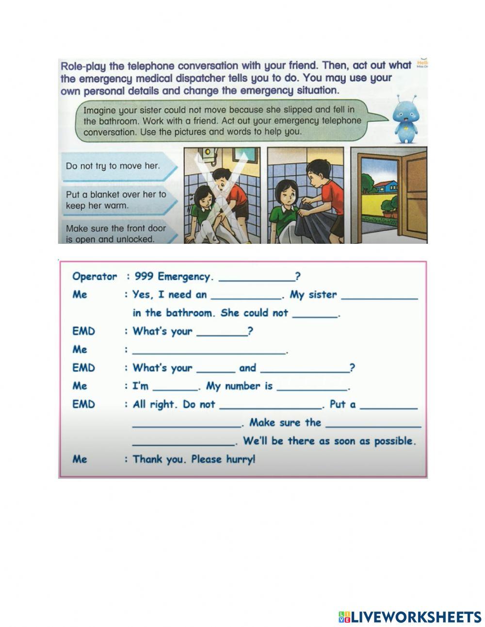 KSSR Year 6 English - Unit 6: Hello! 999? - Complete the Conversation (Page 53)