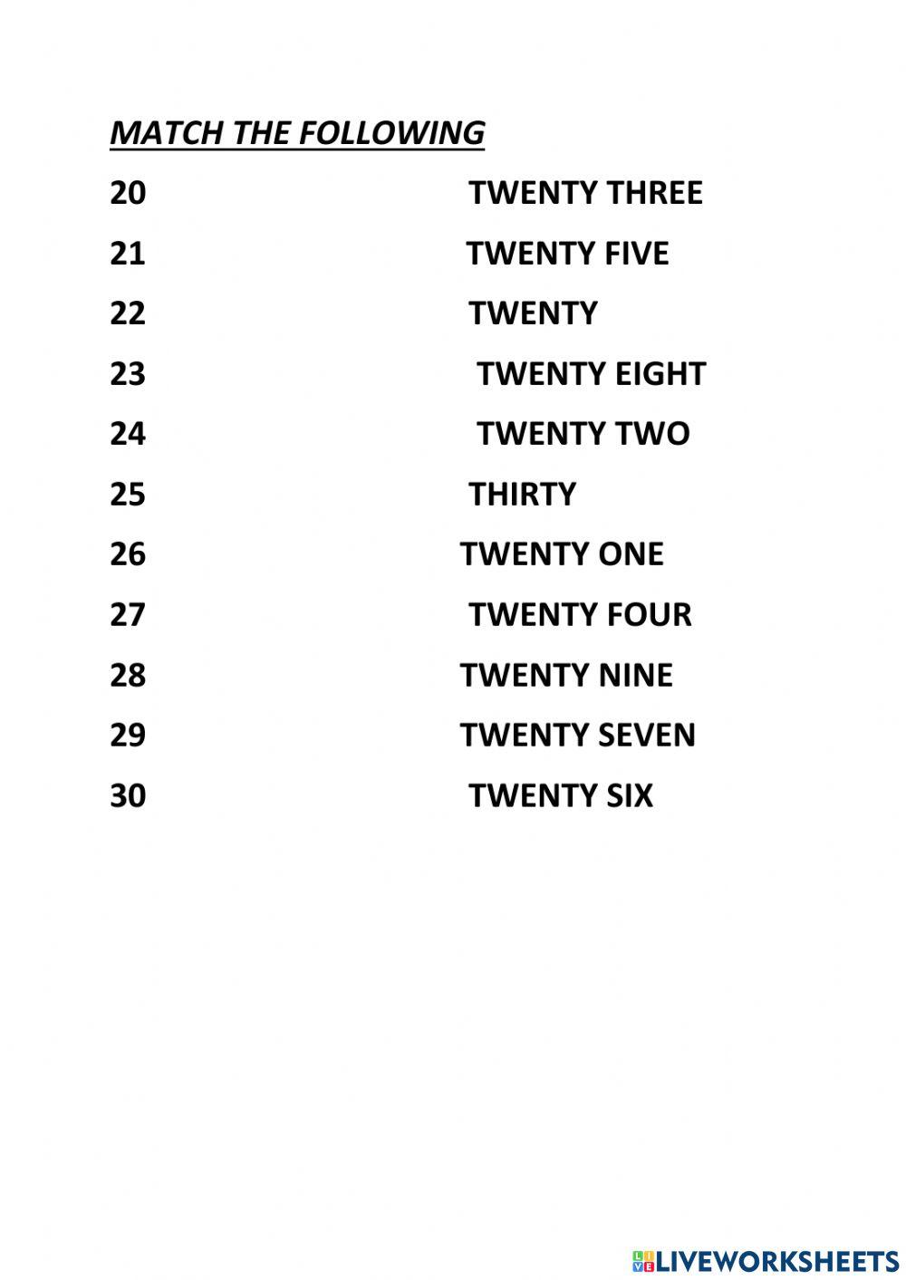Number Names 21 30 Worksheet