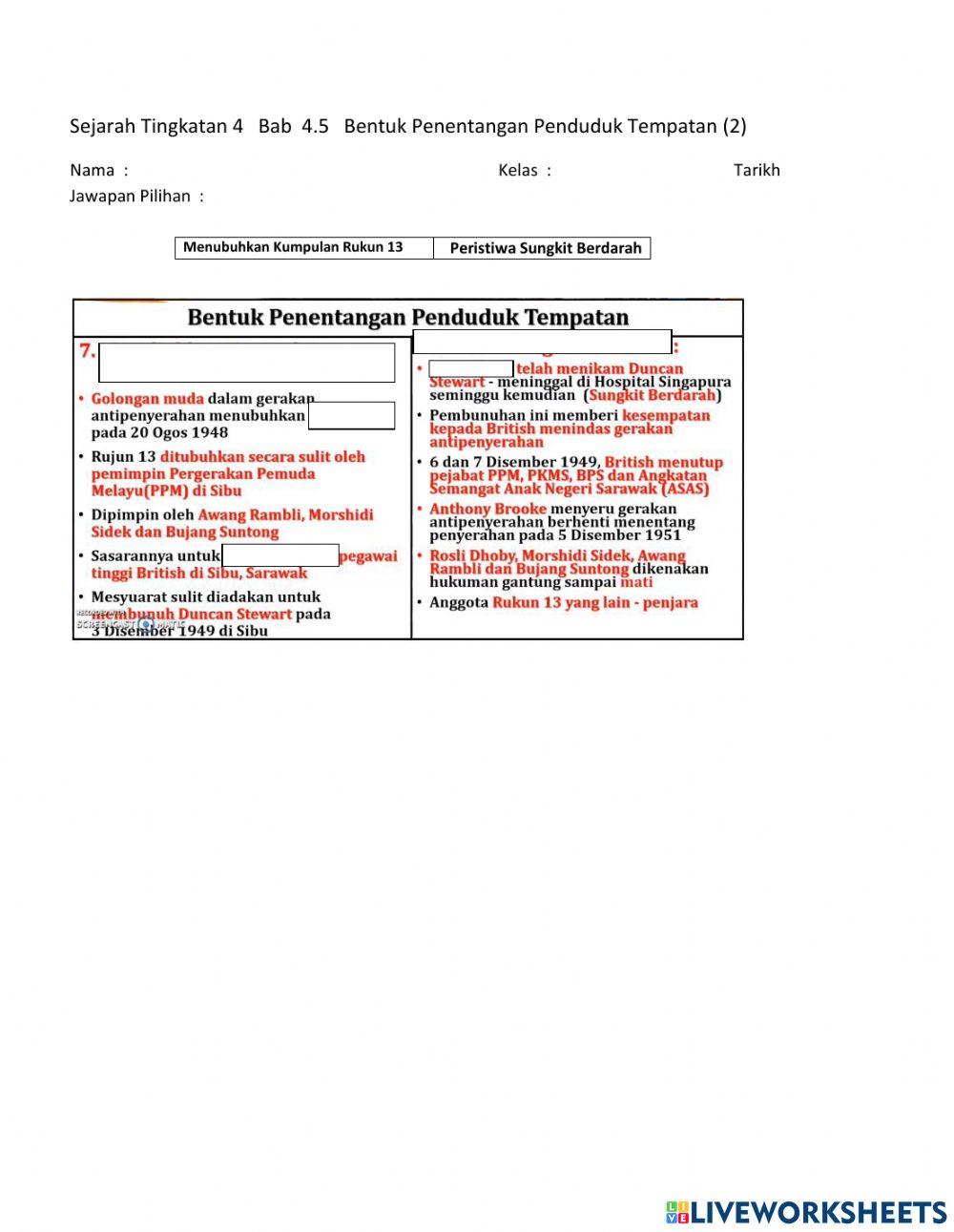 Latihan Sejarah T.4 Bab 4.5Bentuk Penentangan Penduduk Tempatan