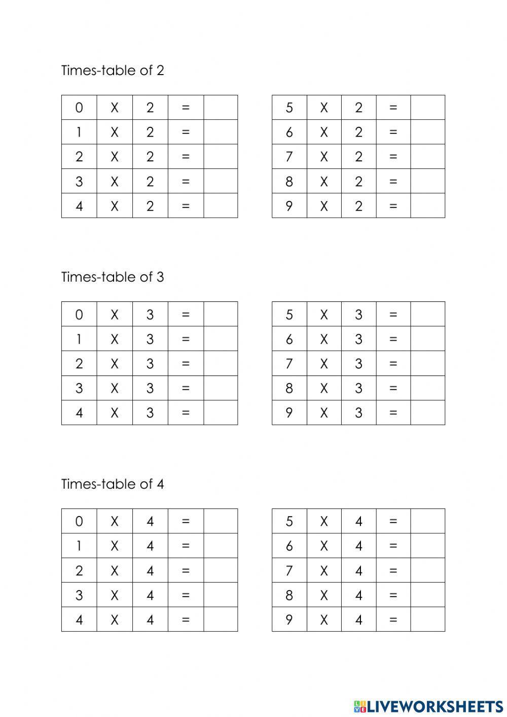 Times-table of 2-9