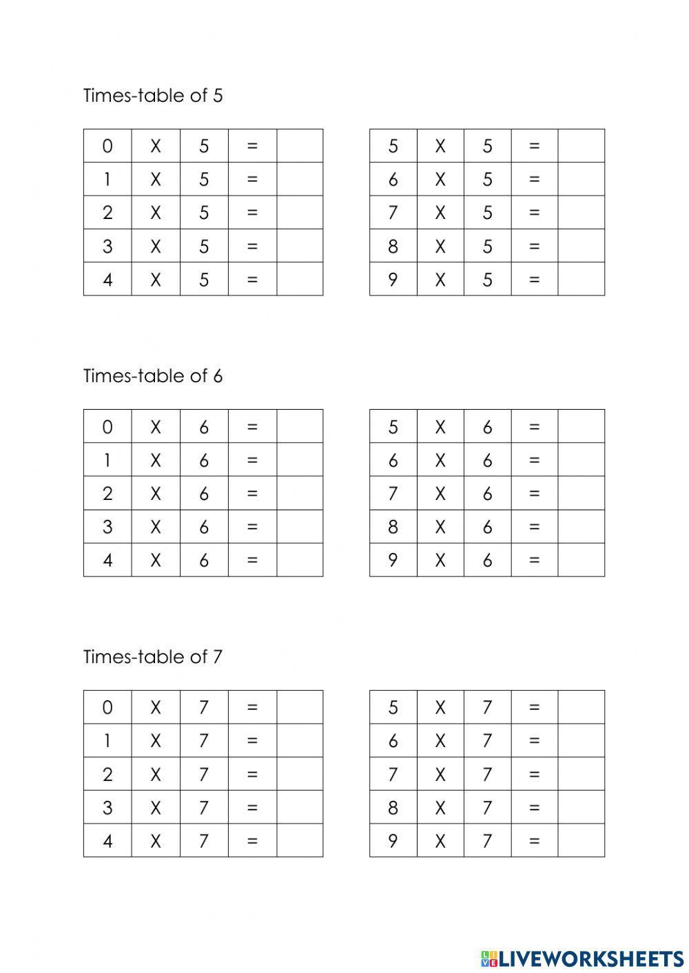 Times-table of 2-9