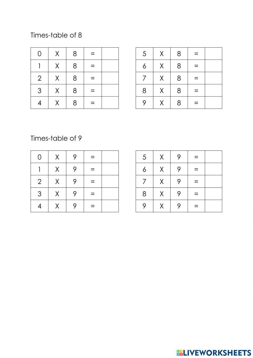 Times-table of 2-9