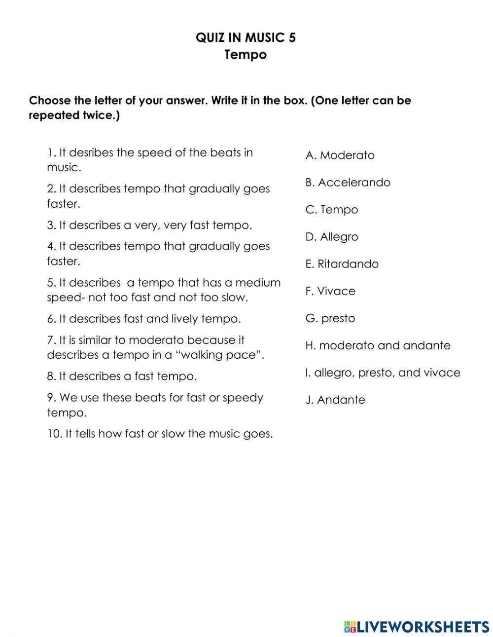 Music 5 tempo online exercise for live worksheets