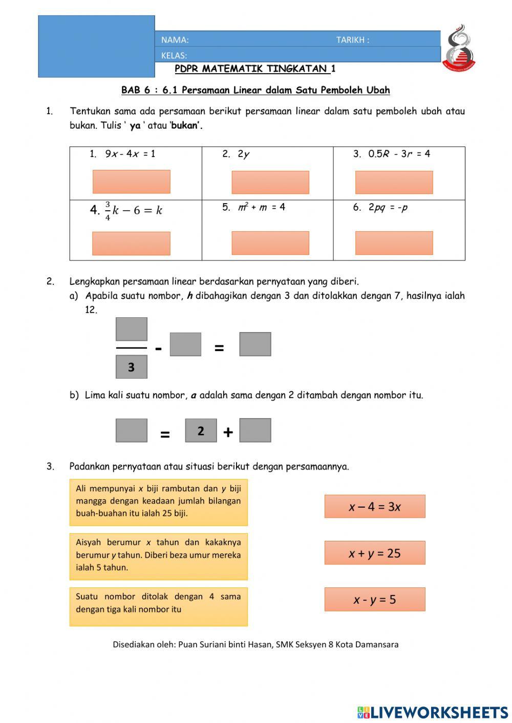 6.1 Persamaan Linear dalam Satu Pemboleh Ubah