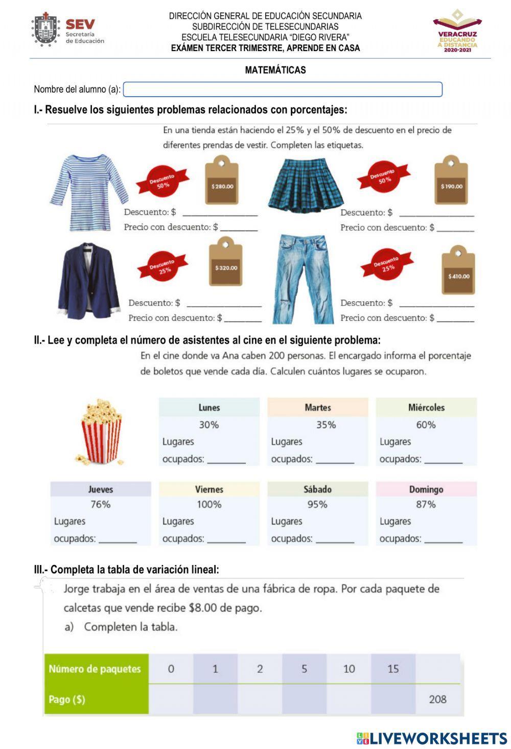 Examen de matemáticas tercer trimestre