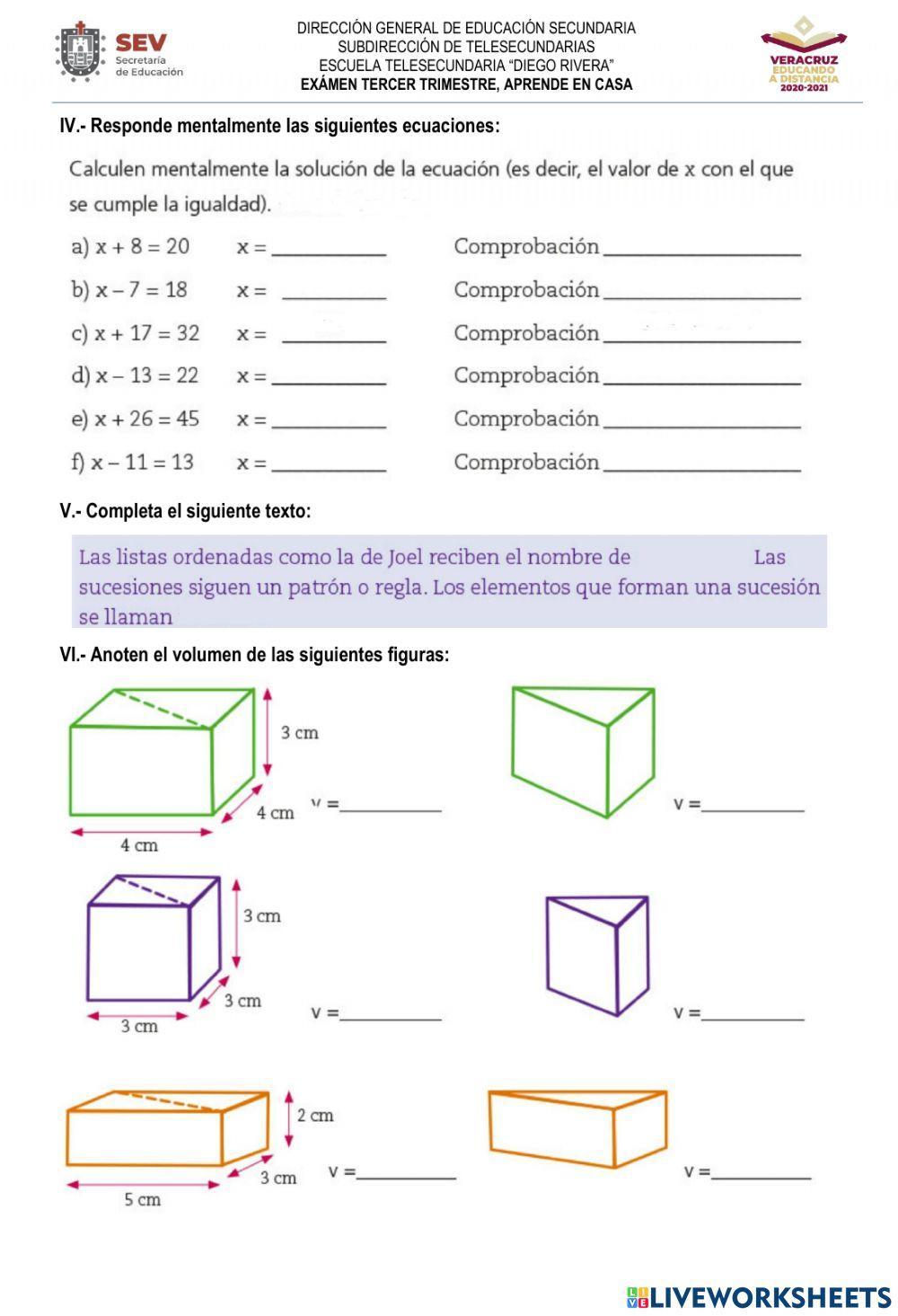 Examen de matemáticas tercer trimestre