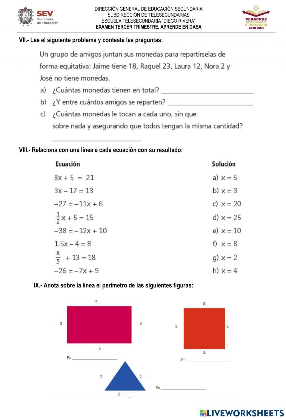 Examen de matemáticas tercer trimestre
