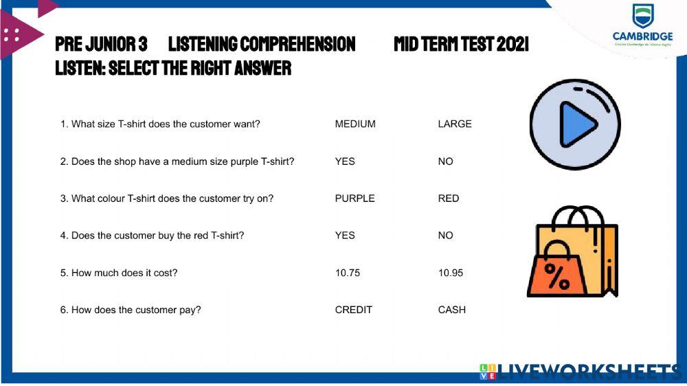 Pre Junior 3 Listening Mid term 2021