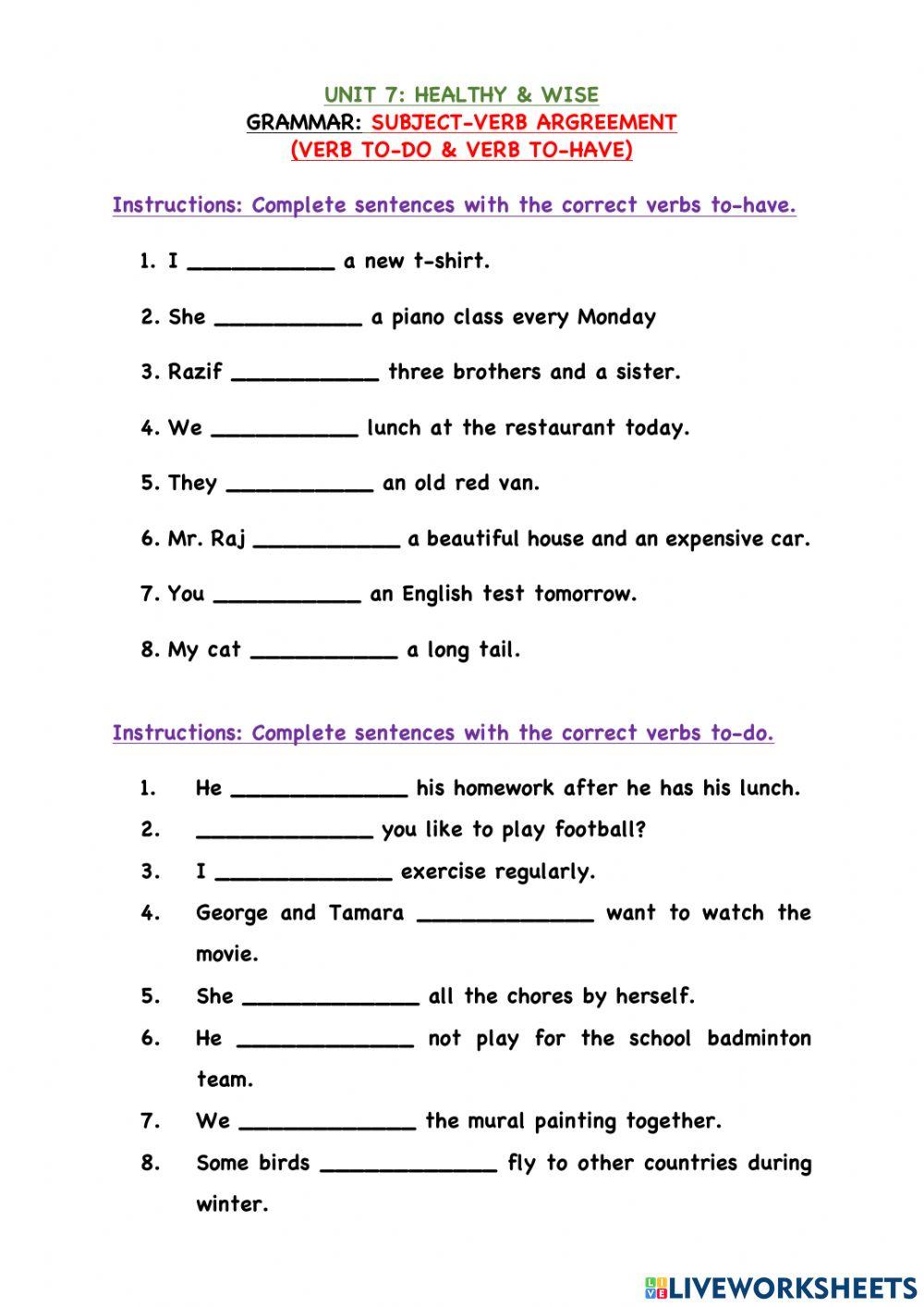 Unit 7: Grammar- Subject-Verb Agreement-2