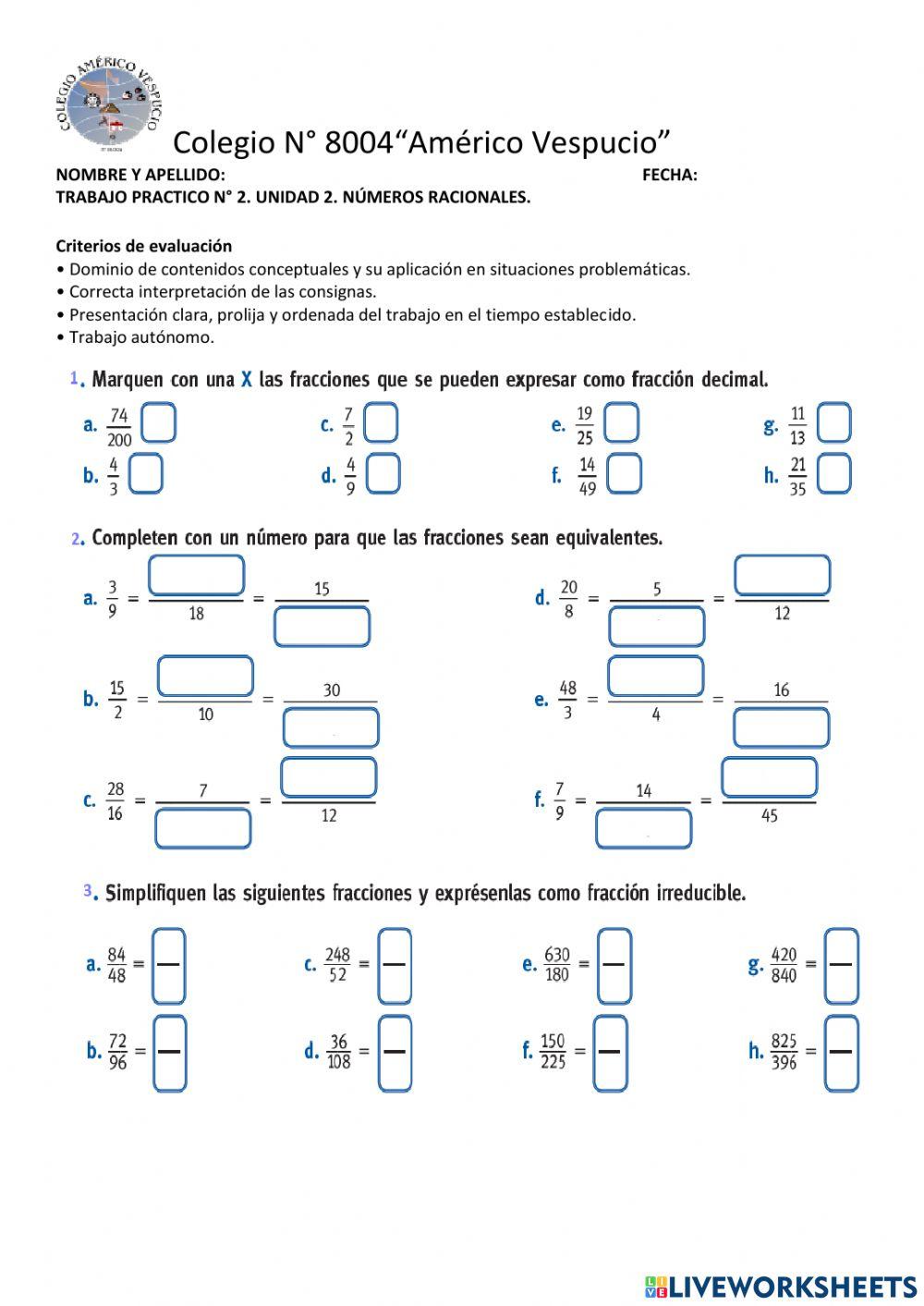 TRABAJO N°2.UNIDAD2. NÚMEROS RACIONALES.