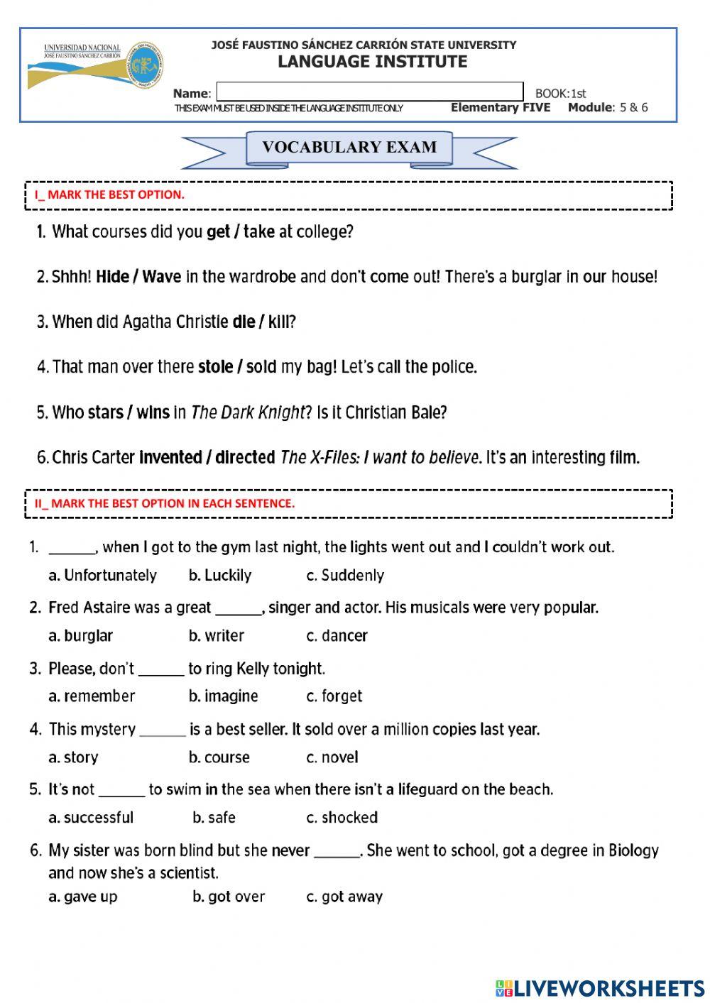 ELEMENTARY 5 - Mod5 - Vocabulary Exam