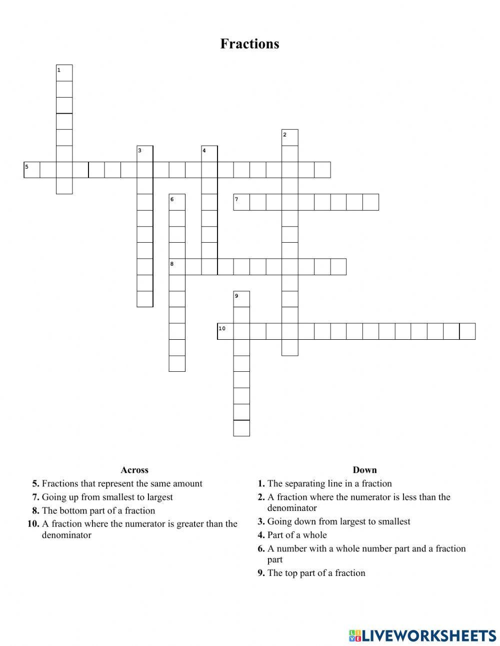 Fraction Crossword worksheet Live Worksheets