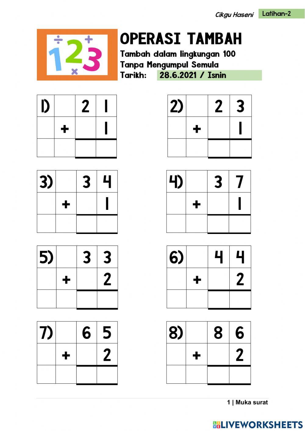 Tambah Dalam Lingkungan 100 Bentuk Lazim-1 Digit Set 2