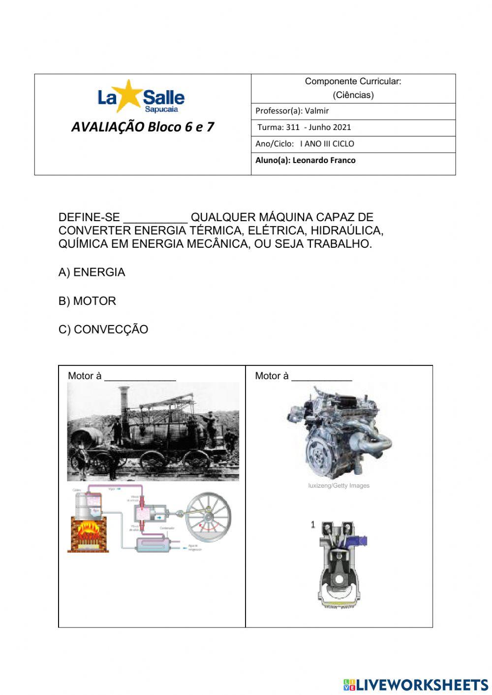 Avaliação ciências bloco 6 e 7