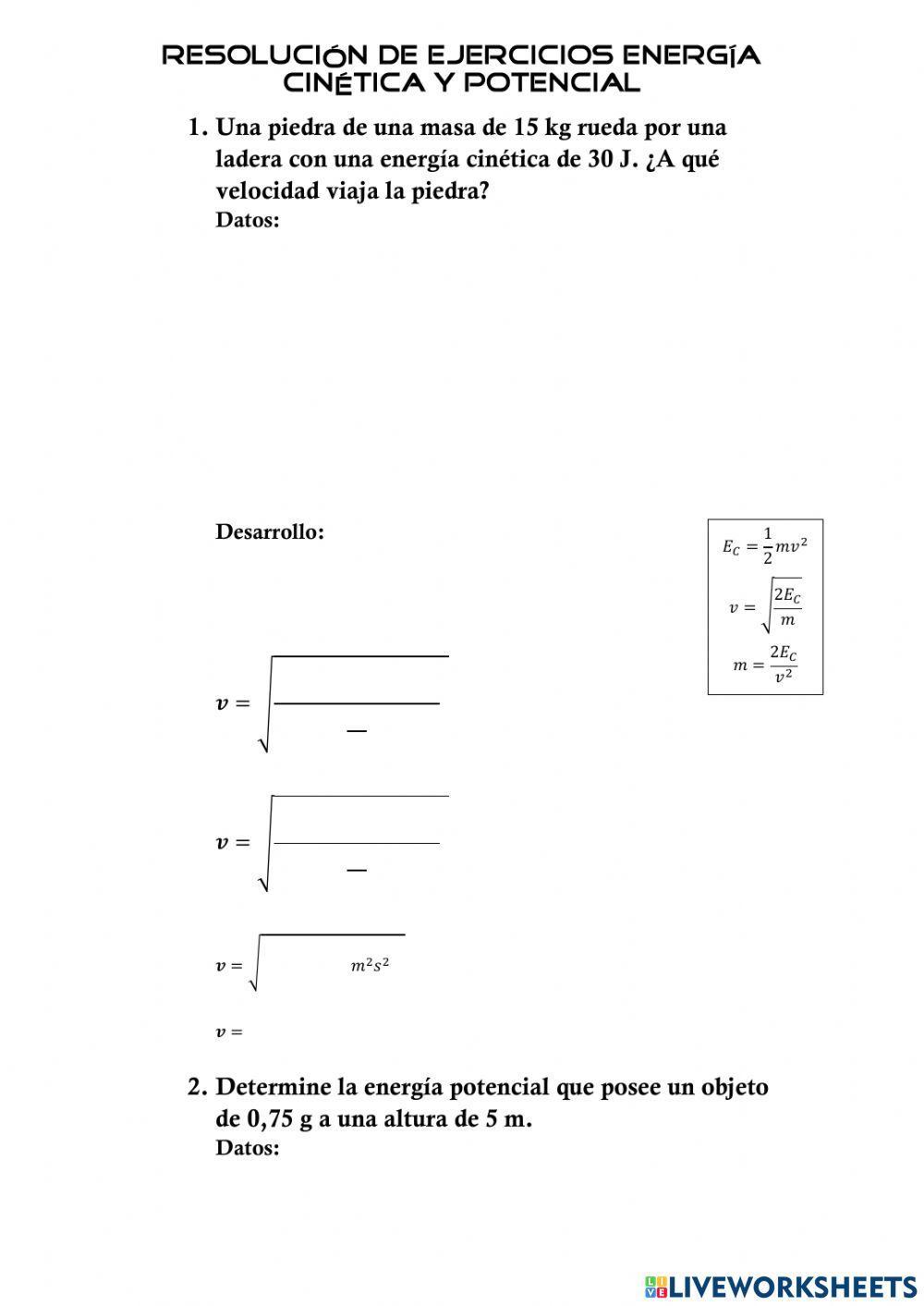 Ejercicios energía cinética y potencial