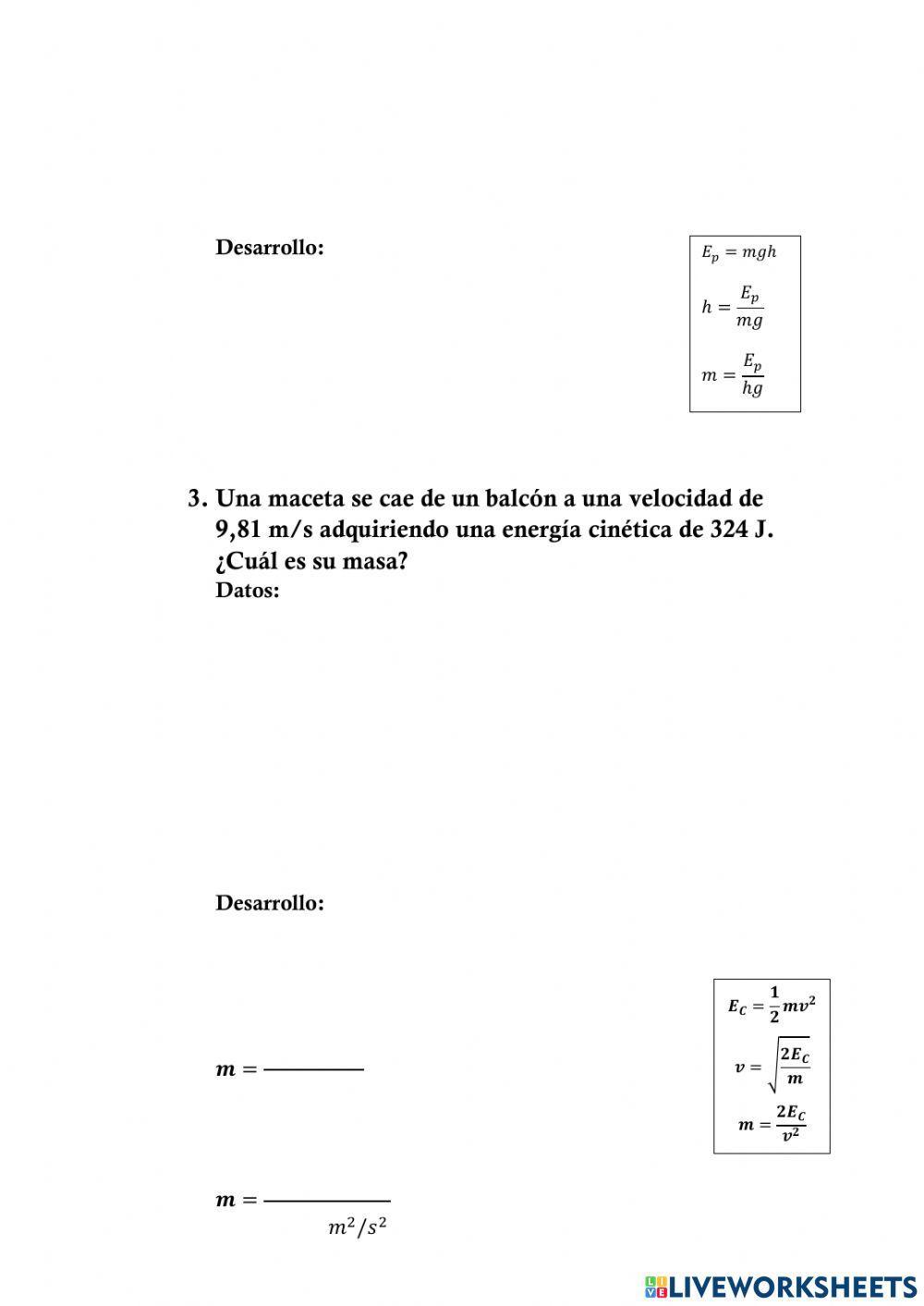 Ejercicios energía cinética y potencial