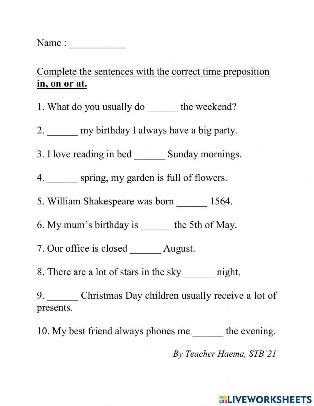 preposition of time. year 3 cefr