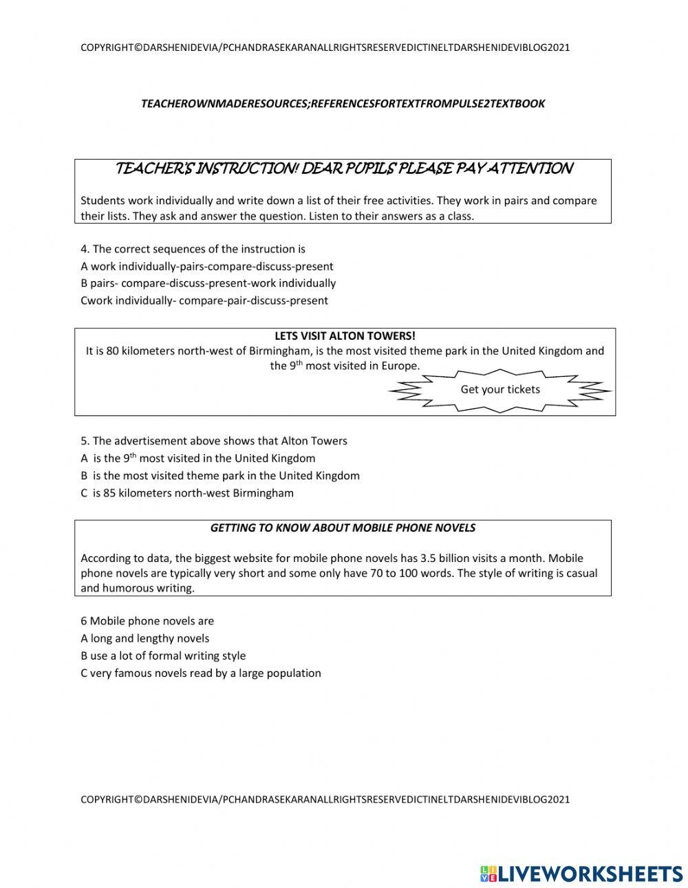 Pt3 short text mcq worksheets 2 sets 16 questions