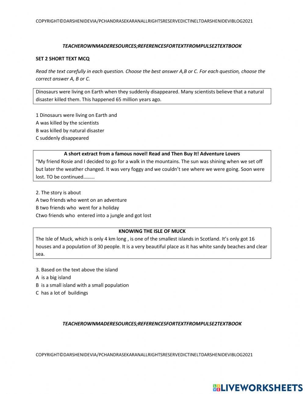 Pt3 short text mcq worksheets 2 sets 16 questions
