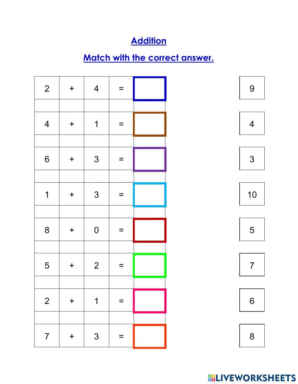 Add two numbers with the sum within 10 worksheet Live Worksheets