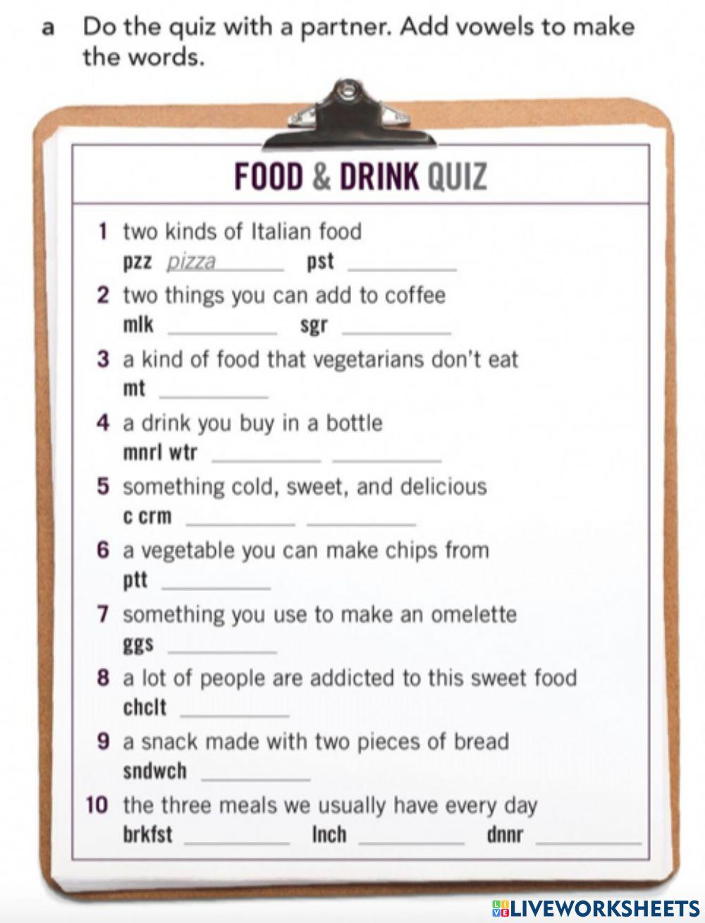 Food and drink quiz worksheet Live Worksheets