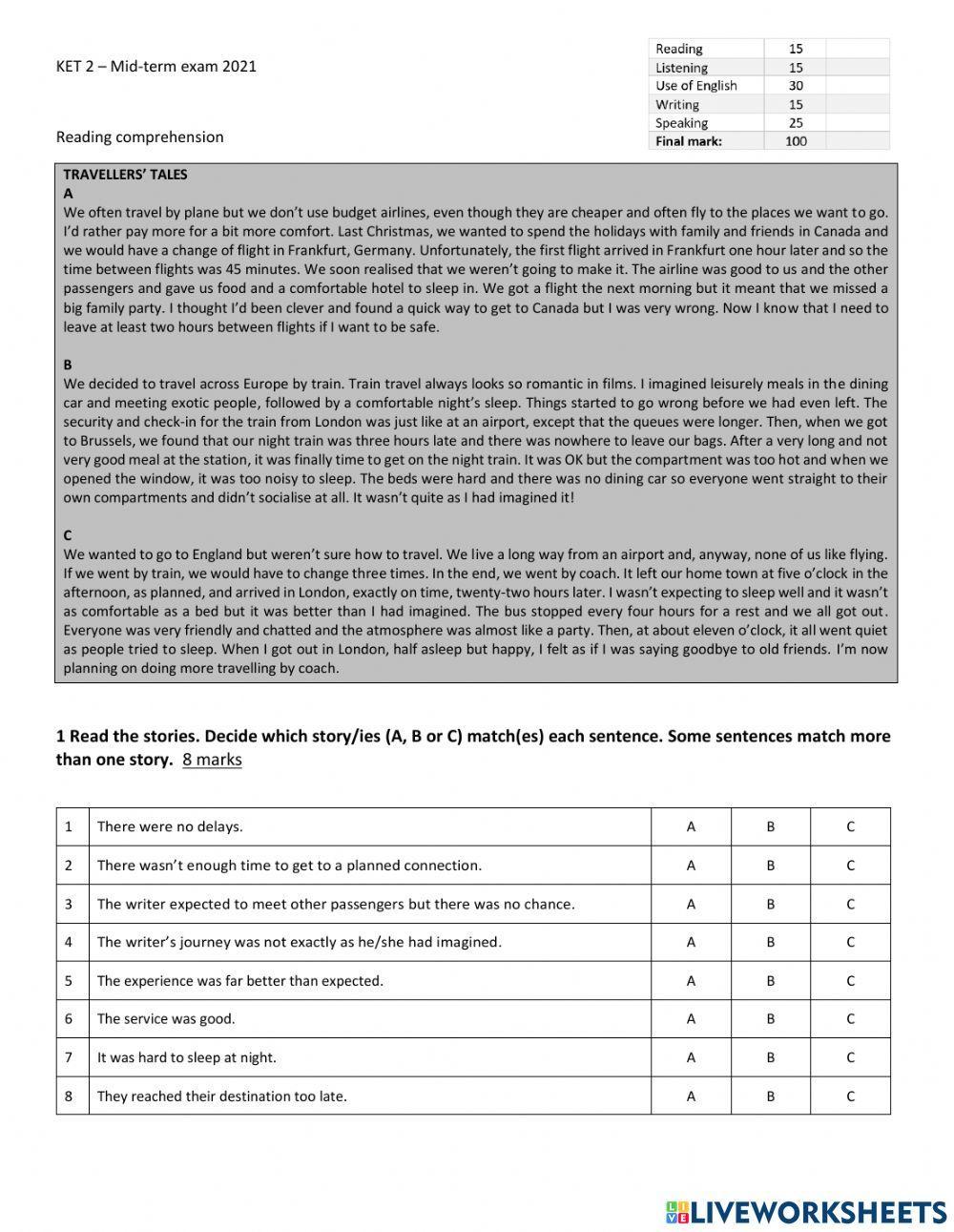KET 2 mid term exam 2021 Reading and listening