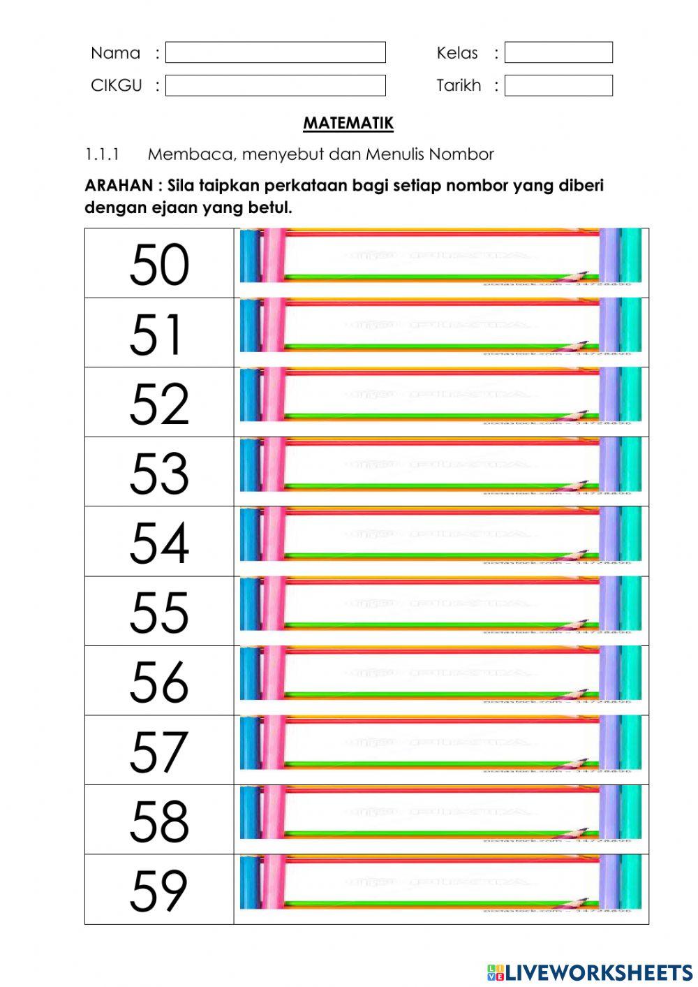 Mengeja nombor 50 hingga 59