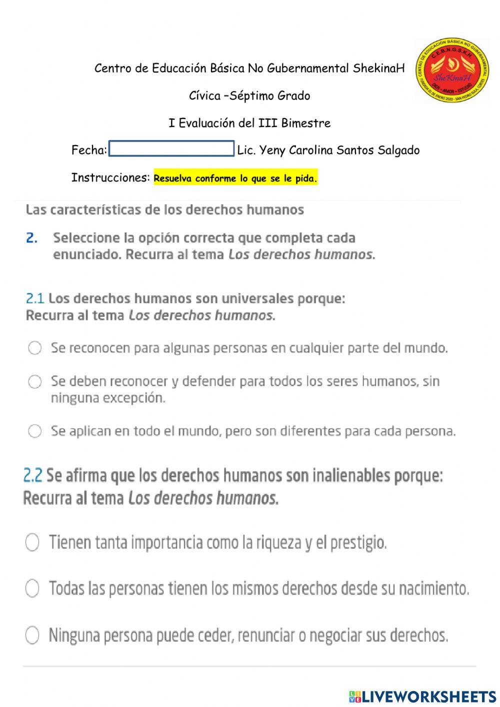 I Evaluación del III Bimestre Cívica -Séptimo Grado