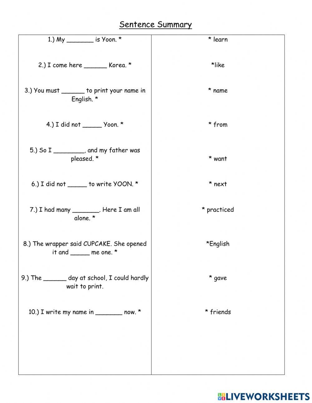 -My Name is Yoon- Sentence Summary interactive worksheet | Live Worksheets