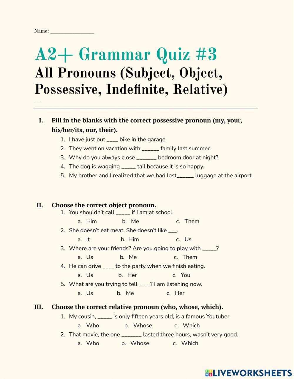EFL A2 Pronouns Quiz