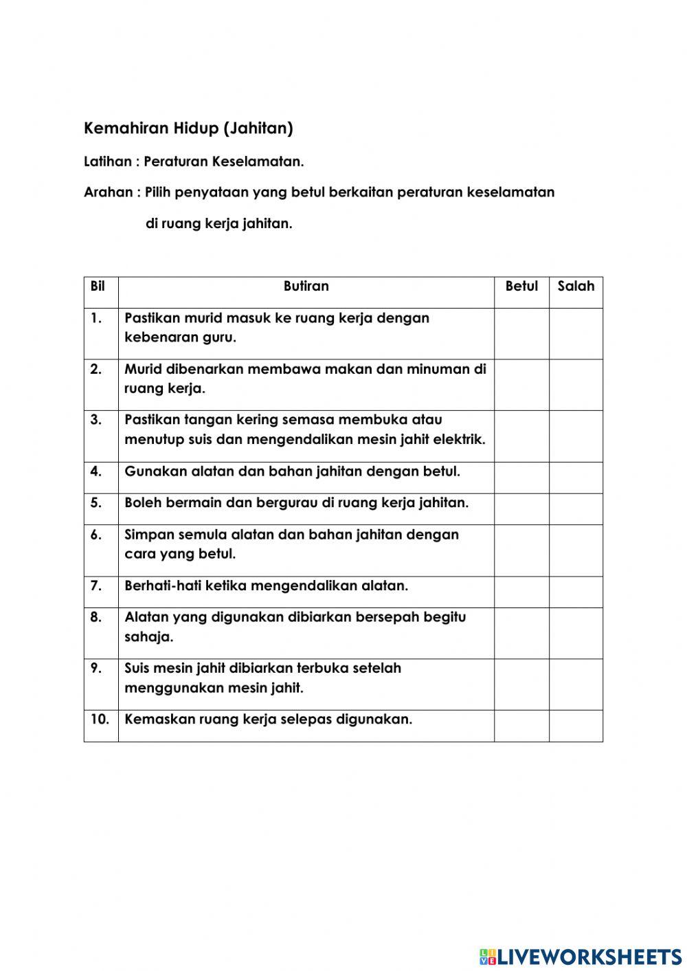 Peraturan Di Ruang Jahitan