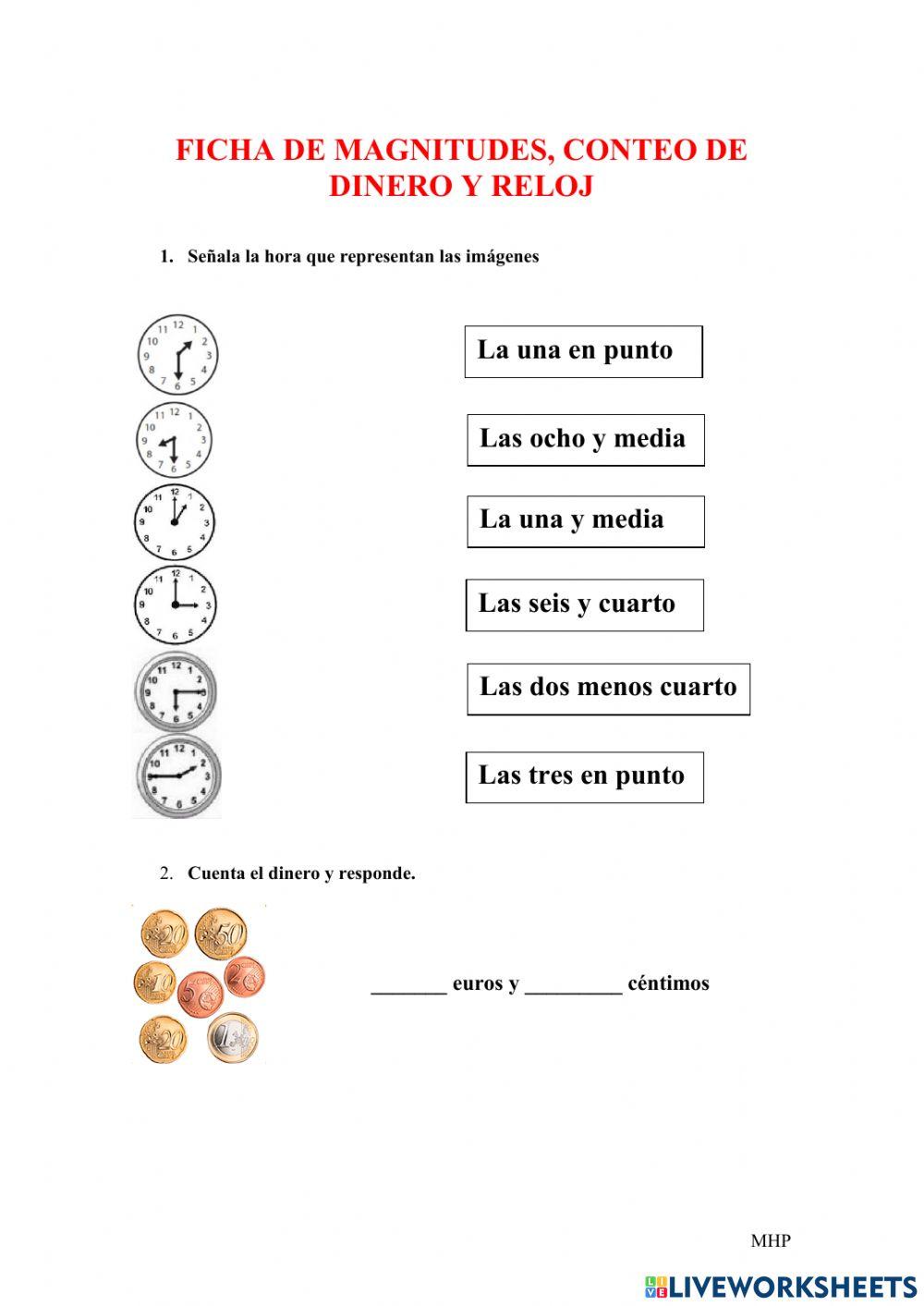 Ficha magnitudes. reloj, dinero