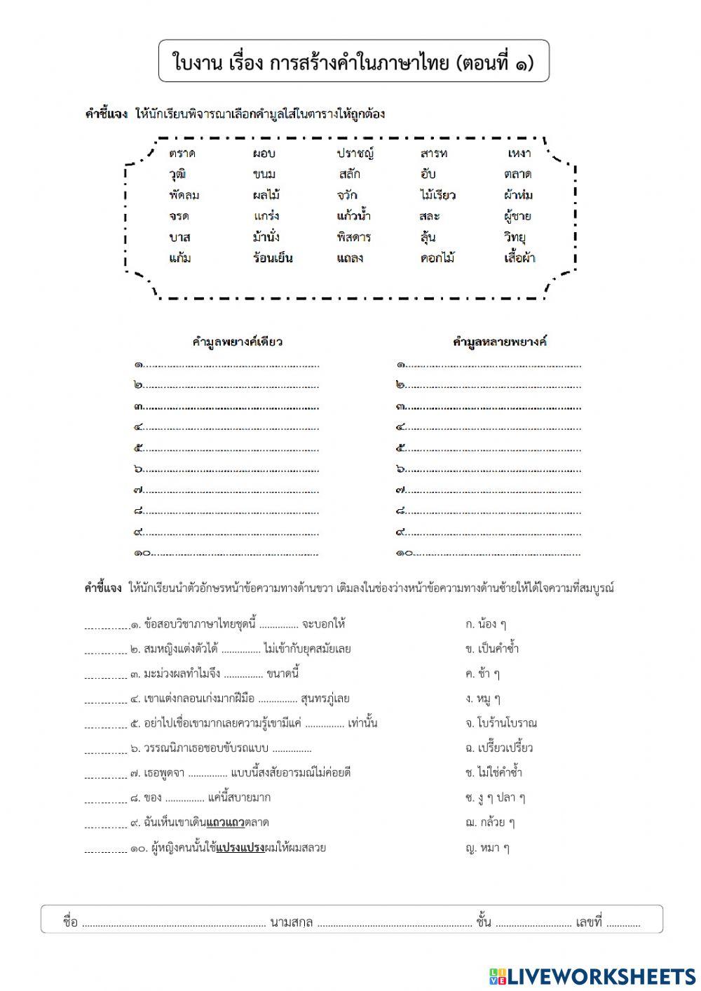 การสร้างคำในภาษาไทย (คำมูล คำซ้ำ)