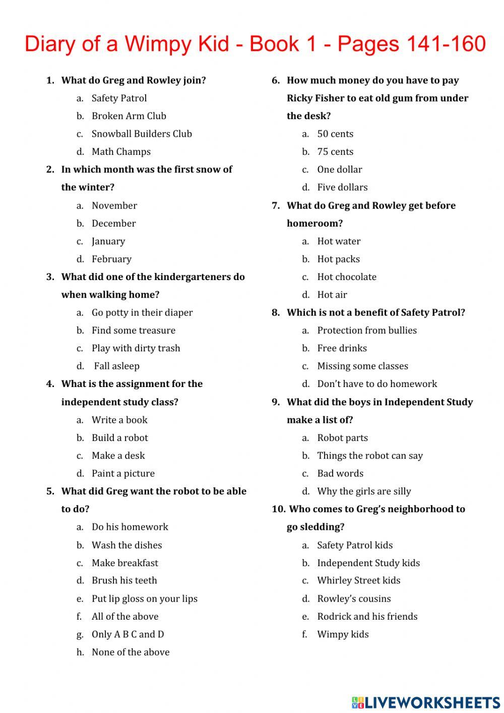 Diary of a Wimpy Kid Comprehension Quizz Pages 141-160