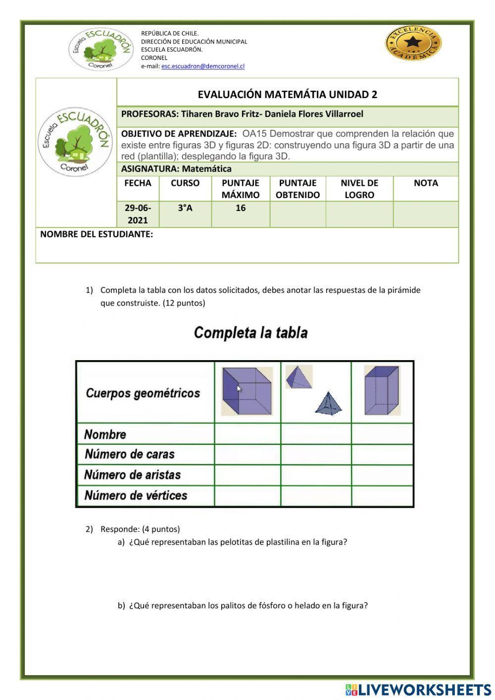 Evaluación matemática unidad 2