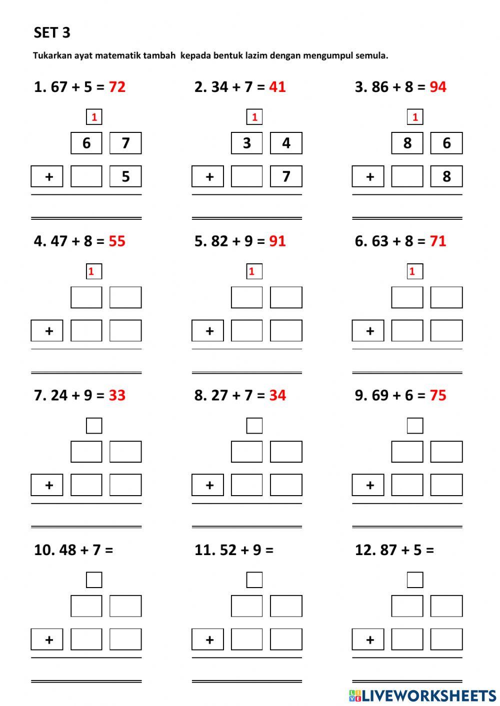 Tambah Nombor 2 Digit Dan 1 Digit Dengan Mengumpul Semula
