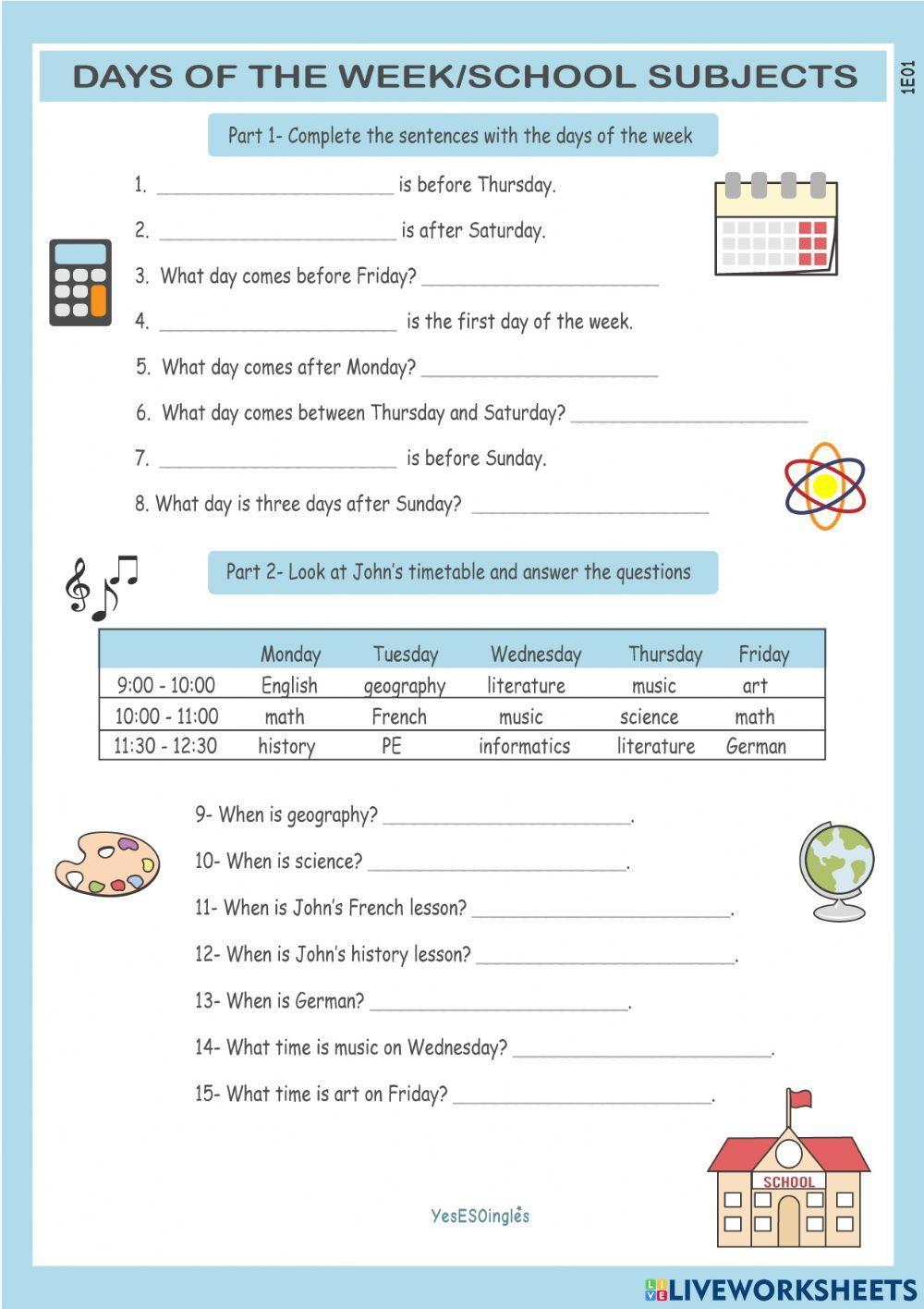 Days of the week - school subjects 1E01