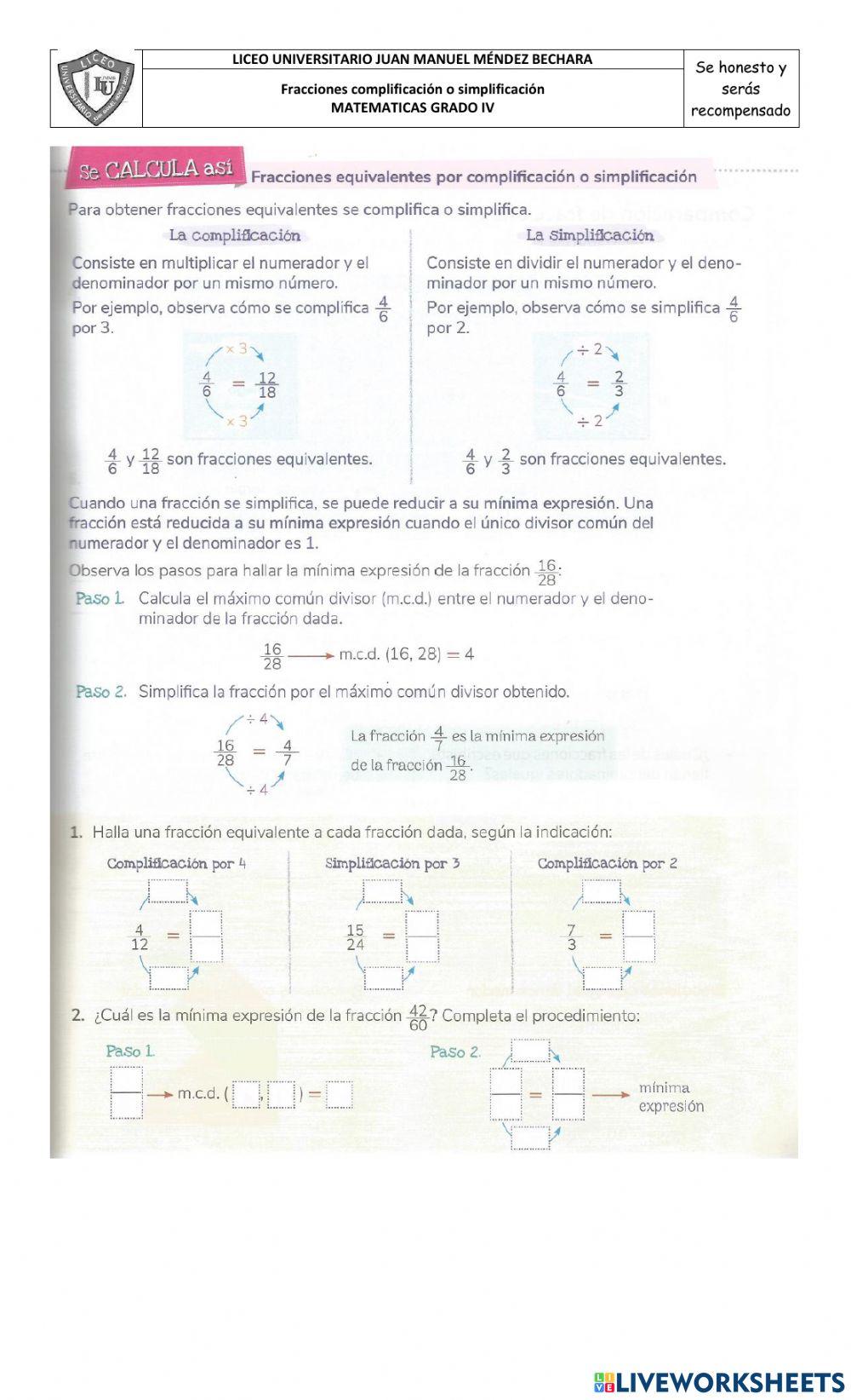 Fracciones equivalentes por complificación y simplificación