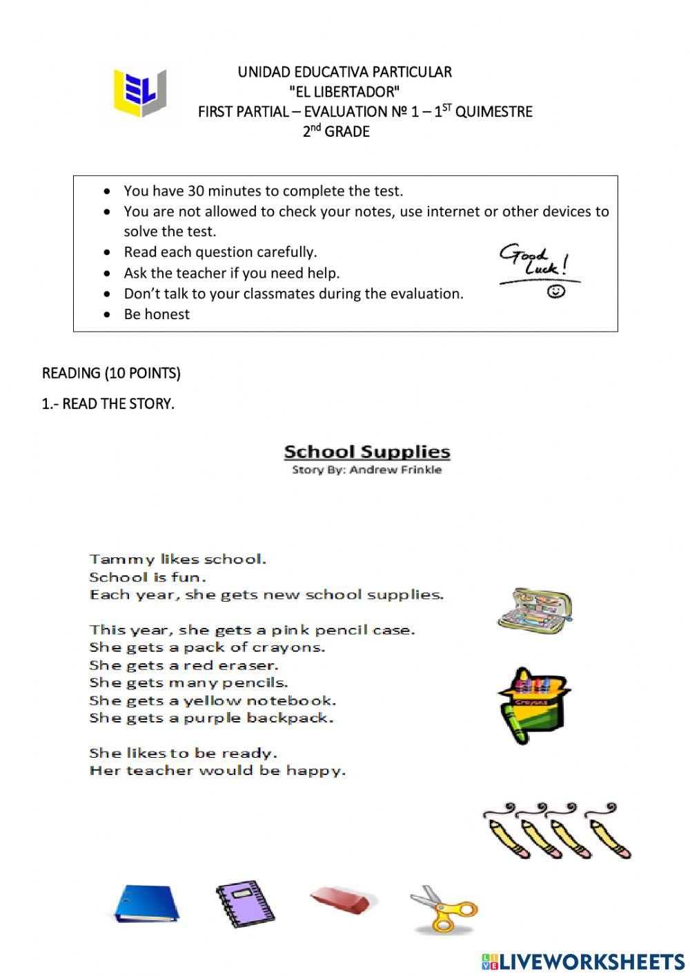 Evaluation 1 - 1st Quimestre - Reading - 2nd Grade