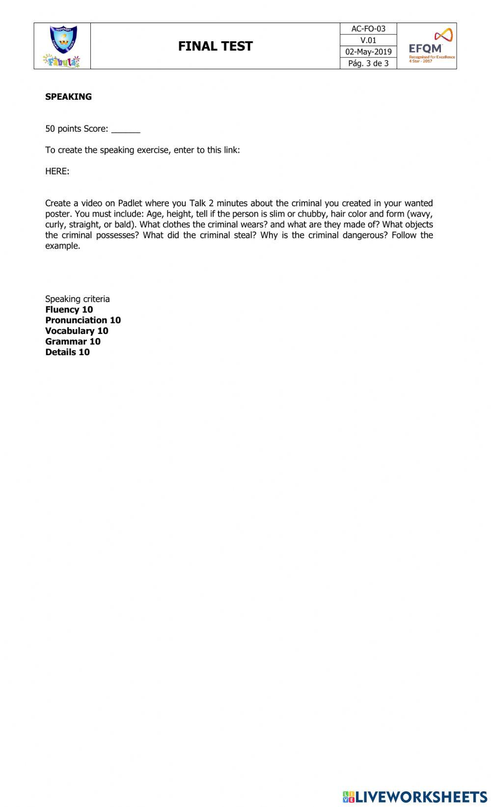 Final exam 5th listenign and speaking 2nd term